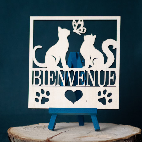 Plaque bienvenue Chats et papillon en bois